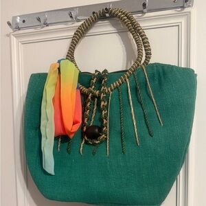 Green Woven Tote Bag with Rainbow Scarf